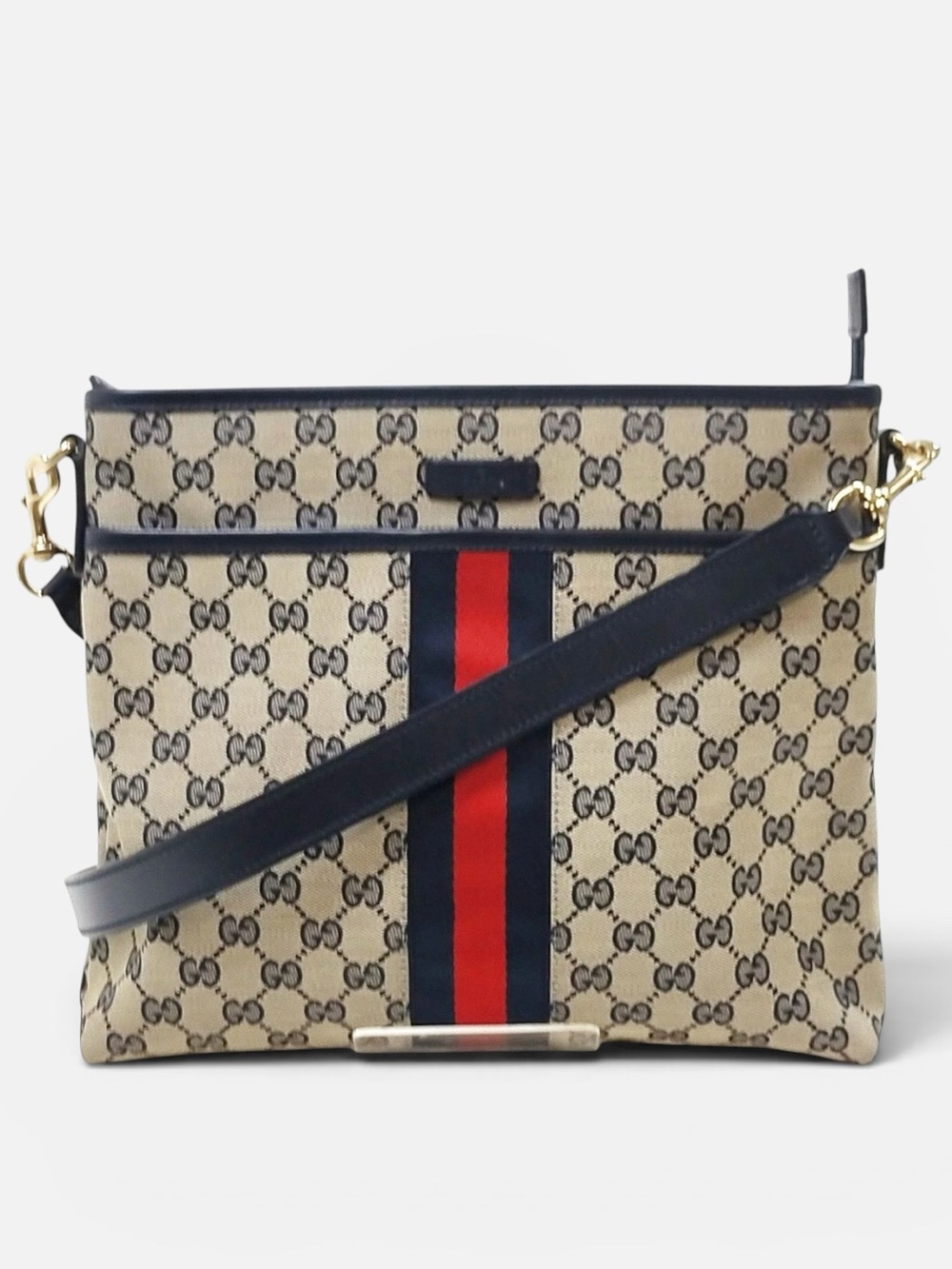 GUCCI GG Canvas Sherry Line Web Flat Messenger Crossbody Bag